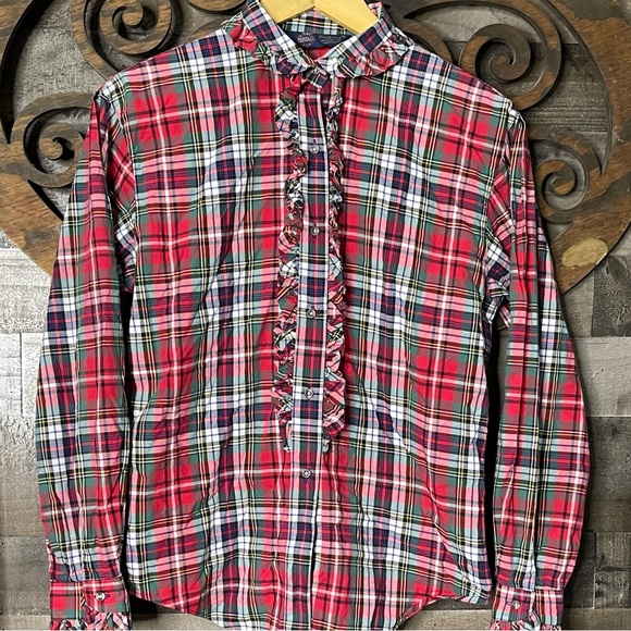 Plaid Ruffle Blouse Sz 10 Vintage Red Green Preppy Academia 1980s Chic - Picture 2 of 16